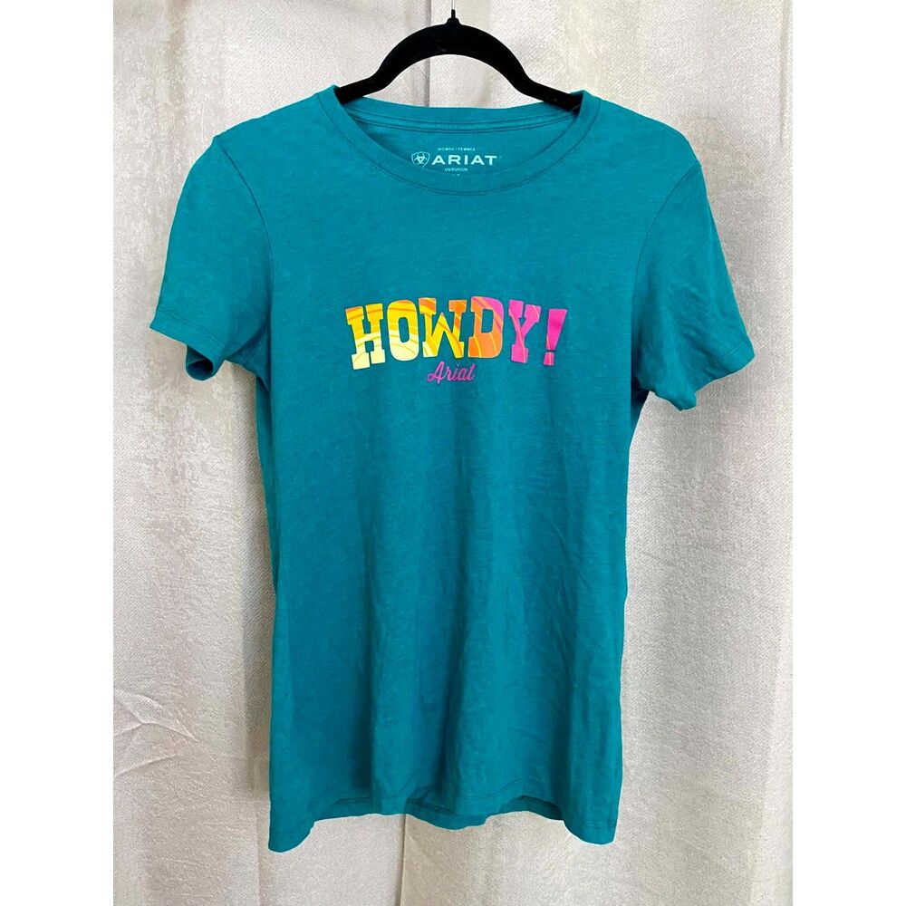 Ariat Howdy Graphic Tee Women's Medium Teal Western Cowgirl Short Sleeve Shirt